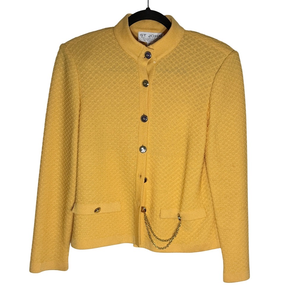 St. John Collection Marie Gray Yellow Diamond Knit Jacket Chain Detail Size 6